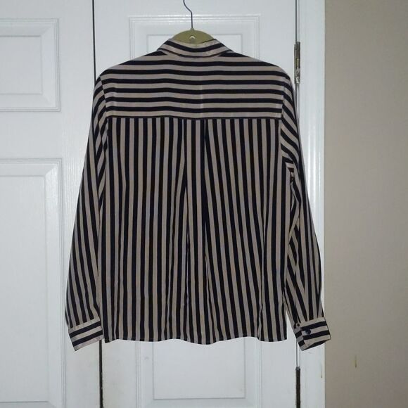 Notations Navy and Tan striped button down blouse Sz 10 - Picture 5 of 5